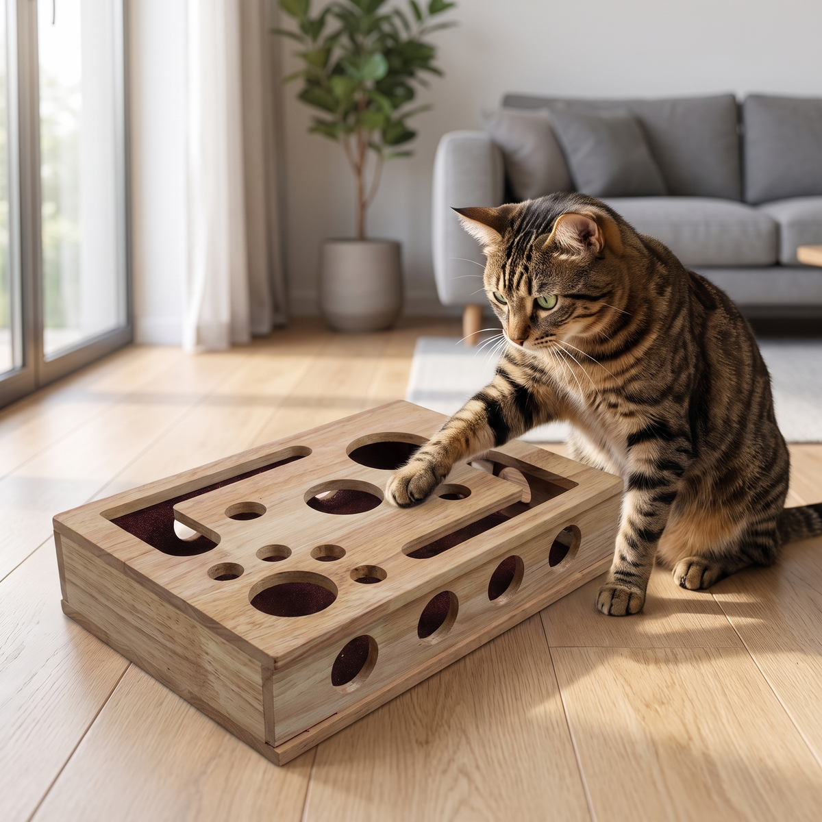 Oak wood cat nail file scratch box, enrichment puzzle toy for catnip and treats