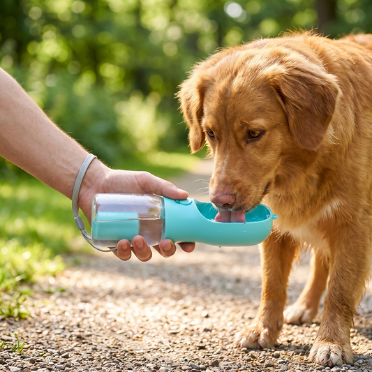Turquoise portable dog water bottle with temperature indicator for walks and hiking