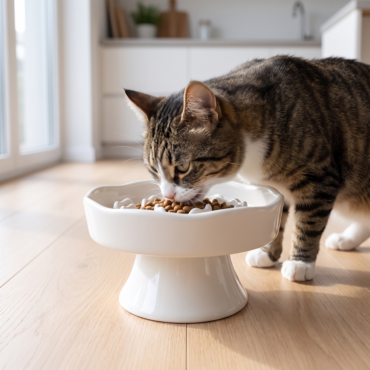 White raised ceramic slow feeder bowl for cats and small to medium dogs