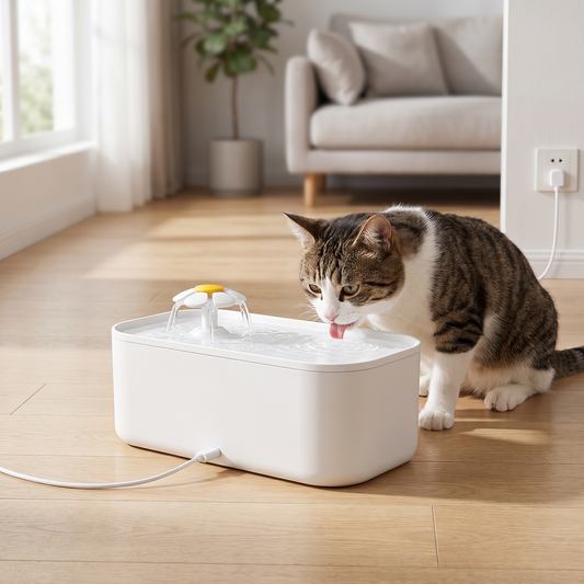 White quiet USB pet water fountain with wide drinking platform for cats and dogs