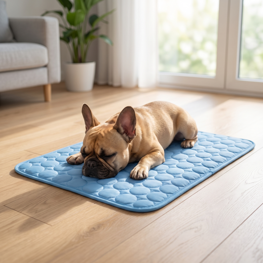 Blue cooling dog bed mat for hot weather, lightweight and portable