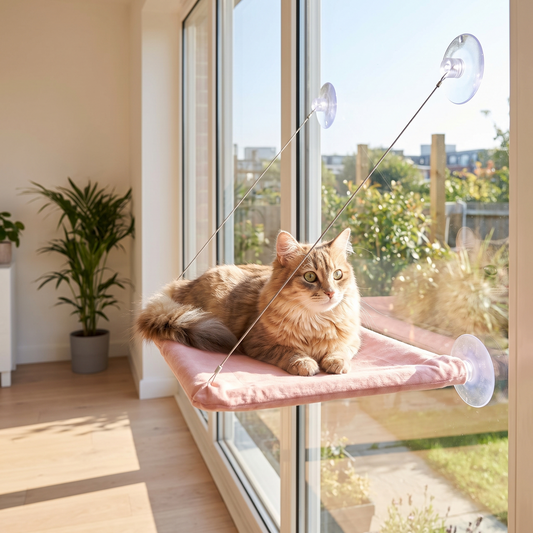 Pink cat window hammock bed with suction cups, space-saving window perch