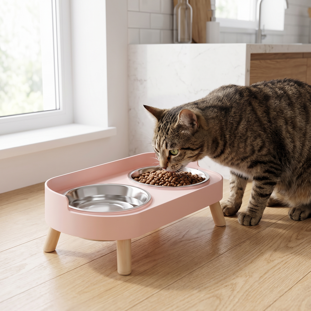 Pink elevated double pet bowl stand with stainless steel bowls for cats and small dogs