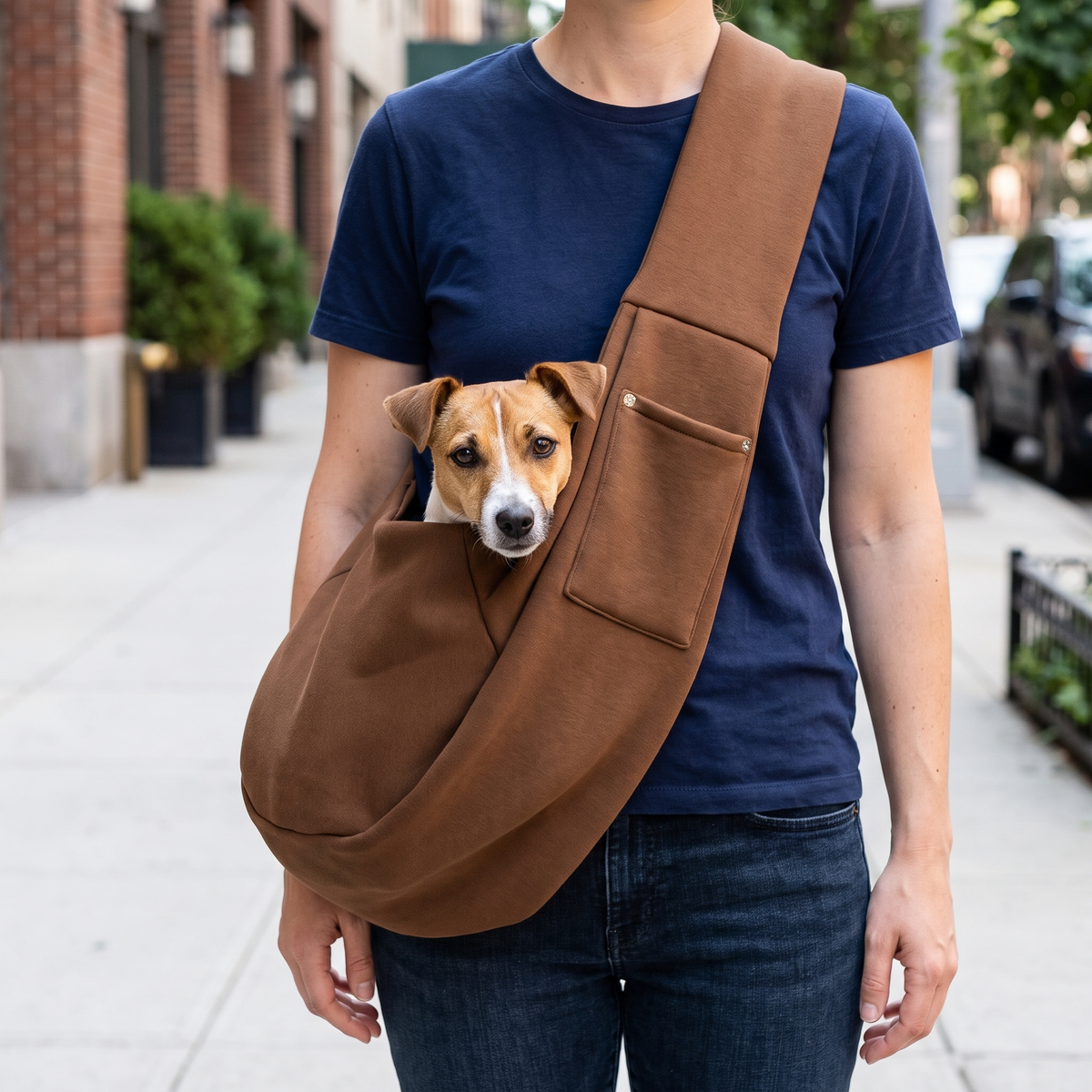 Brown hands-free crossbody pet sling carrier for small dogs and cats up to 11 lbs