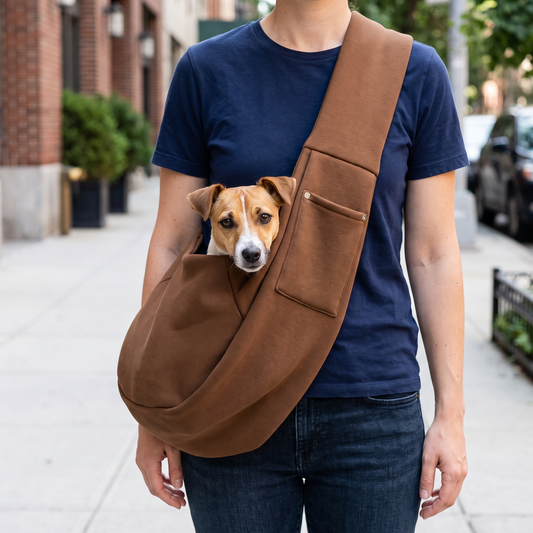 Brown hands-free crossbody pet sling carrier for small dogs and cats up to 11 lbs