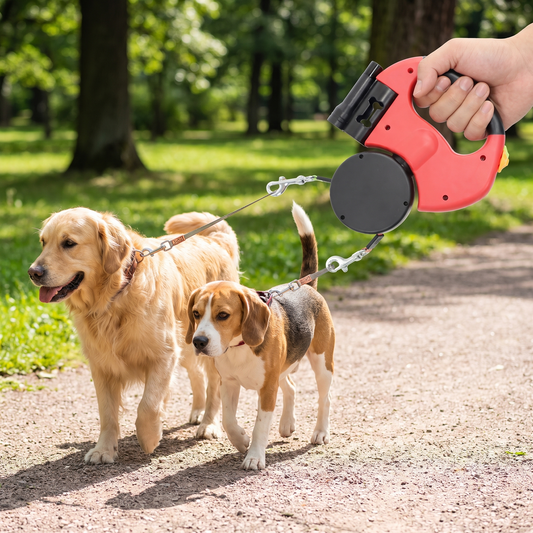 Red dual retractable dog leash for two dogs with anti-tangle rotation and bag dispenser