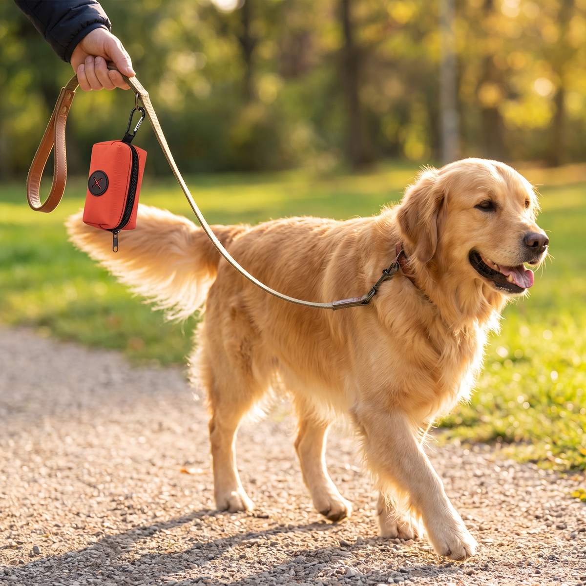 Orange red canvas dog walking pouch and poop bag holder with carabiner clip