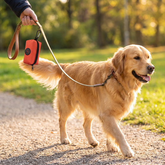 Orange red canvas dog walking pouch and poop bag holder with carabiner clip