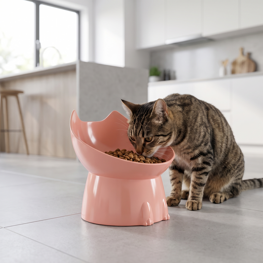 Pink tilted raised pet bowl with cat-ear design for cats and small dogs