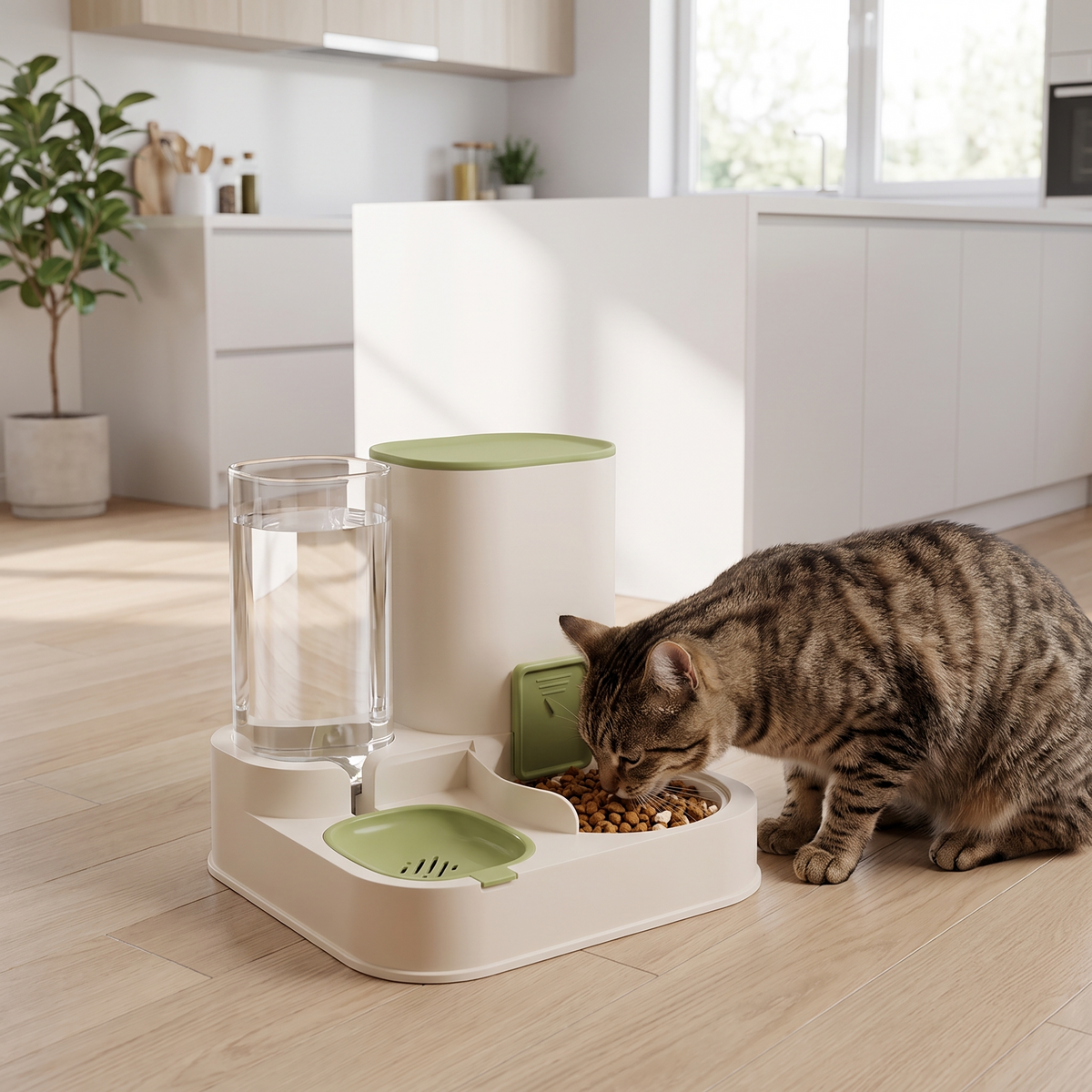 Green gravity pet feeder and water dispenser station for cats and small dogs