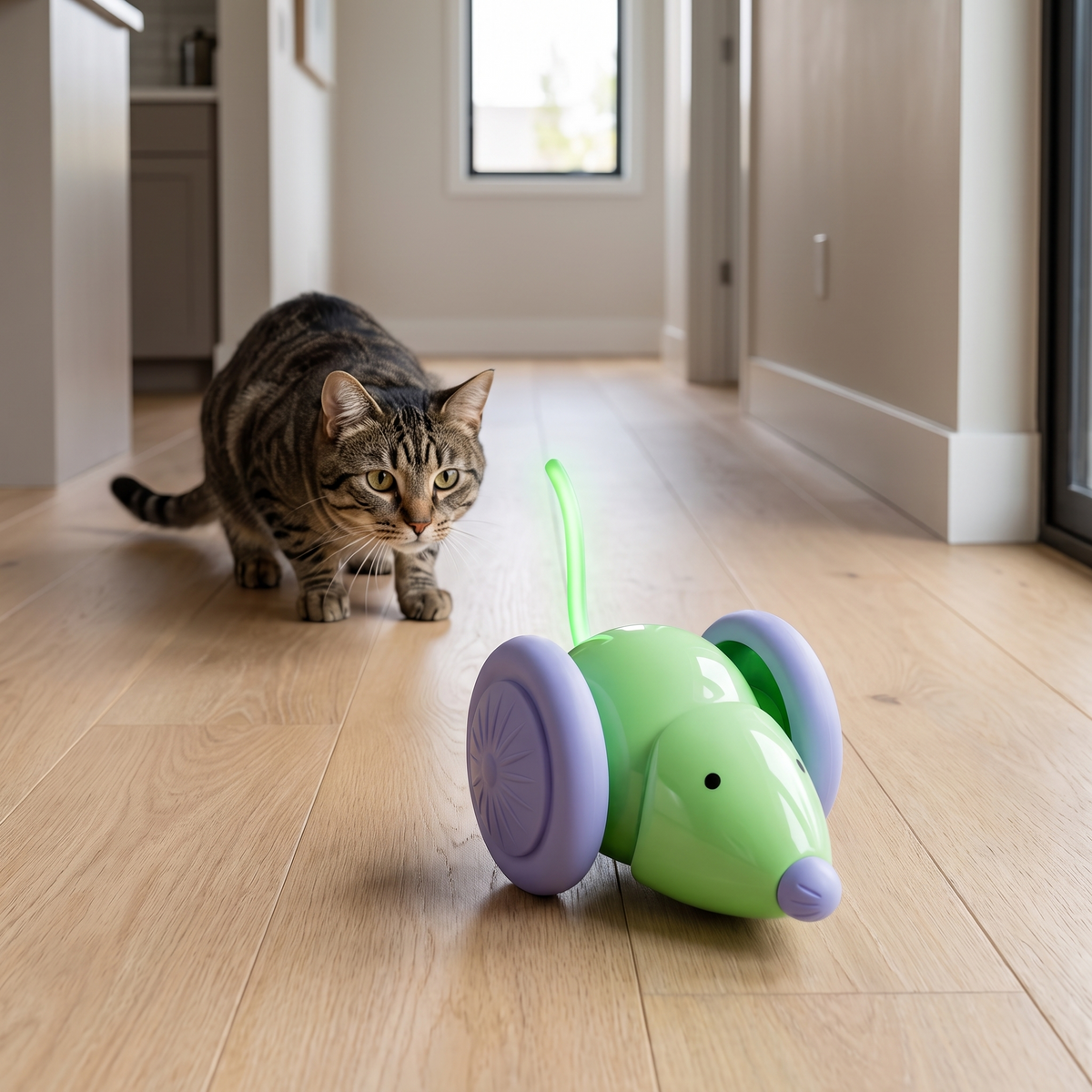 Green interactive cat mouse toy with light-up LED tail, USB rechargeable