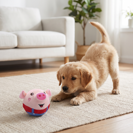 Red interactive jumping plush pig ball toy for dogs and cats, USB rechargeable