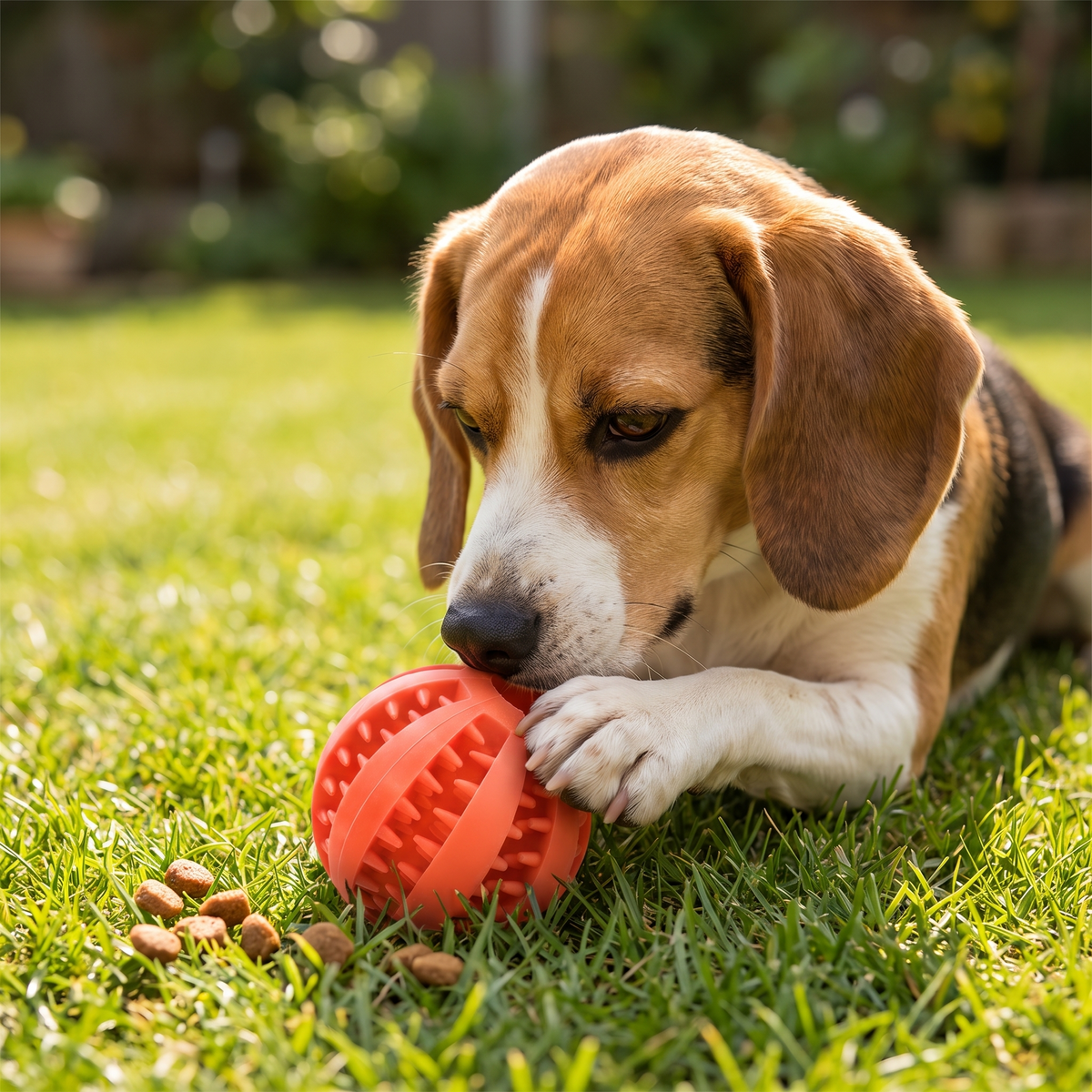 Orange treat dispensing dog ball, textured TPR rubber, 5 cm
