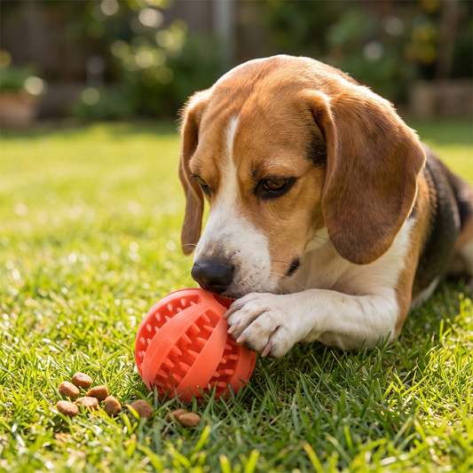 Orange treat dispensing dog ball, textured TPR rubber, 5 cm