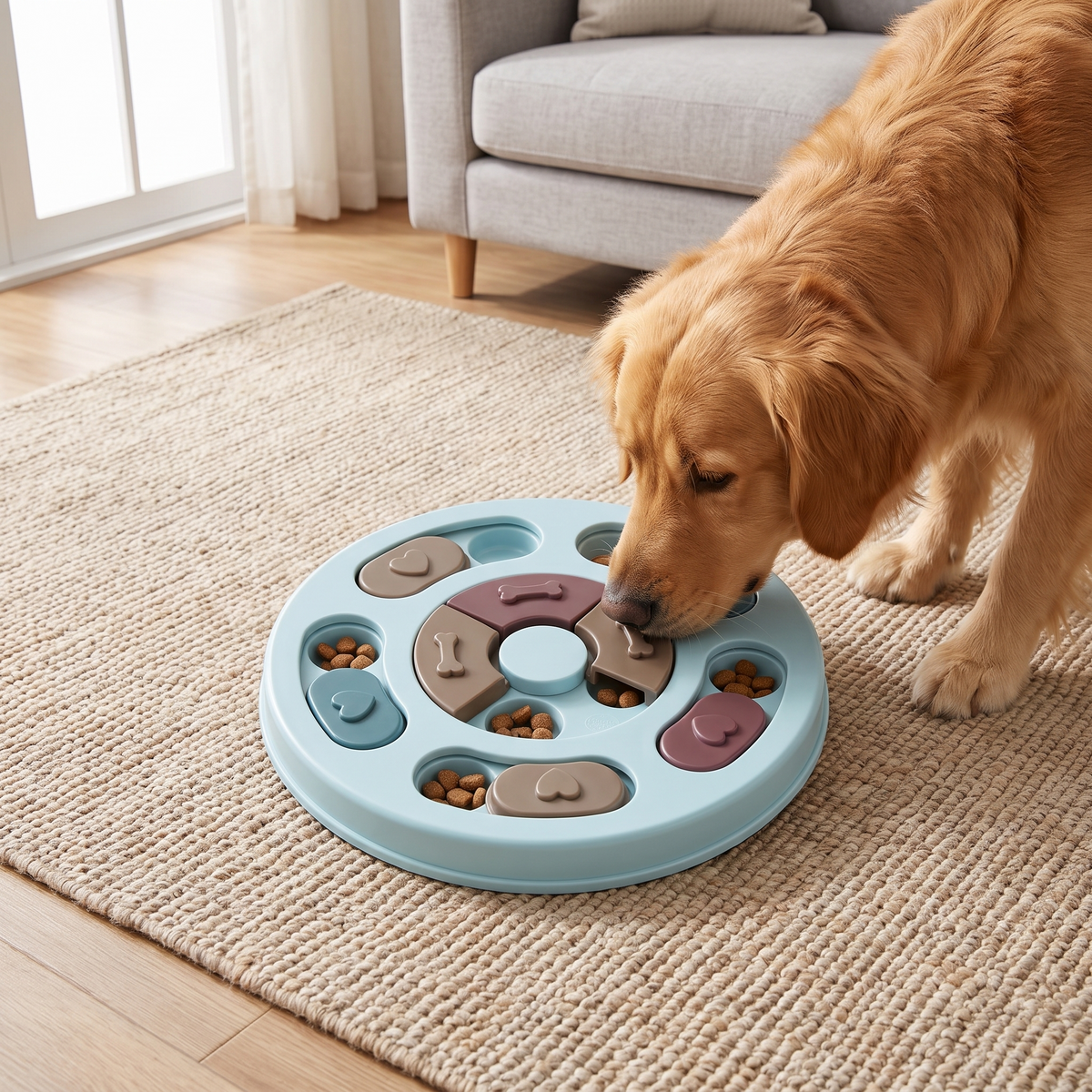Blue interactive puzzle slow feeder toy for dogs and cats, treat dispensing