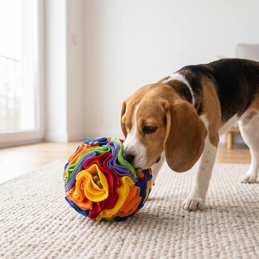Rainbow soft fleece snuffle ball treat toy for dogs and cats