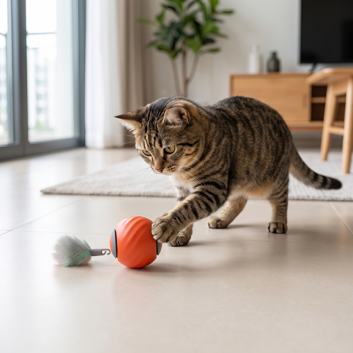 Orange interactive rolling cat ball toy with removable tail, USB rechargeable