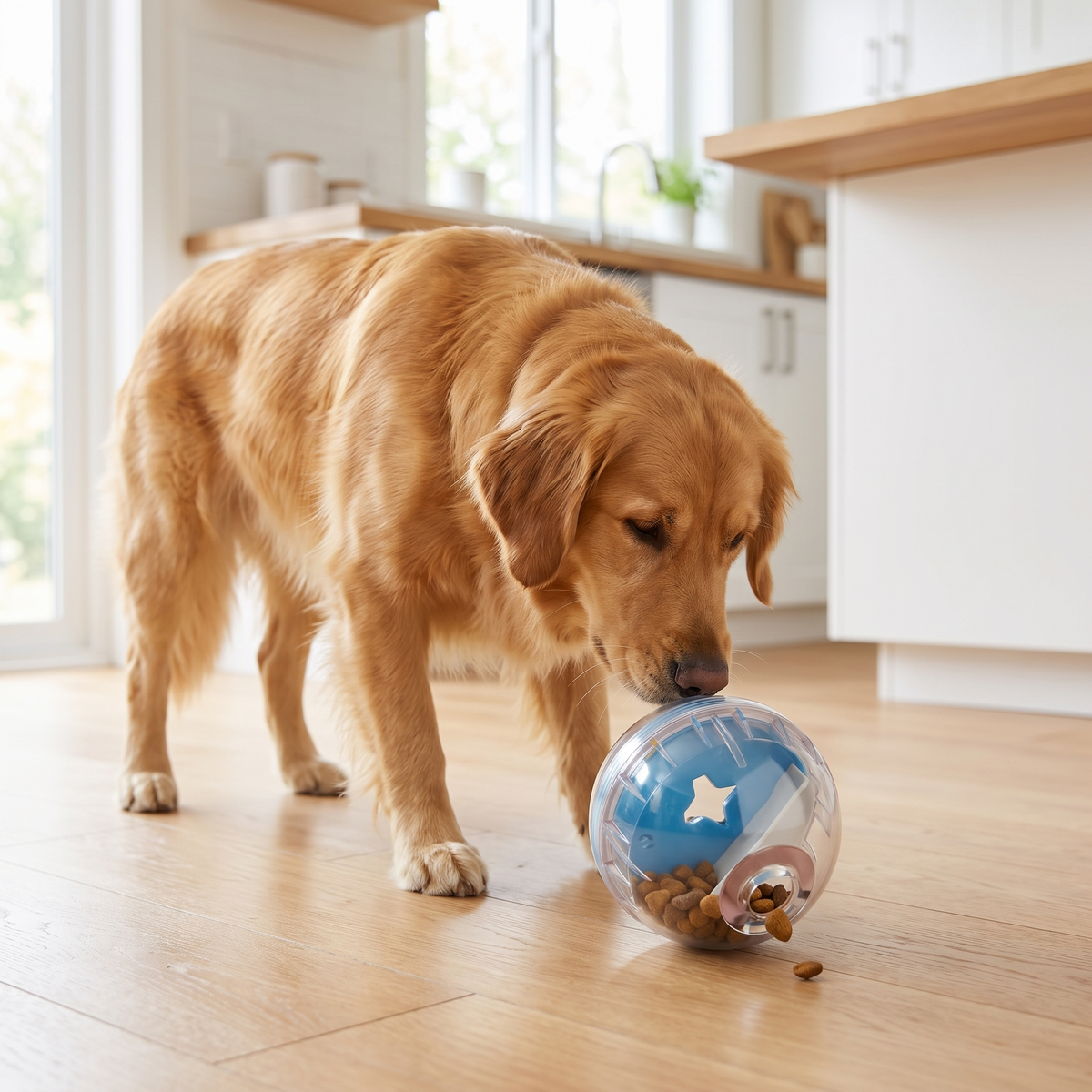 Blue clear treat dispensing dog ball for small to medium dogs, 8.5 cm