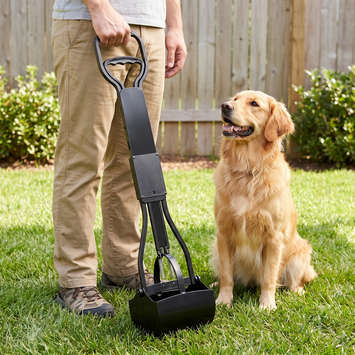 32-inch pooper scooper for dogs with double spring jaws and waste bin