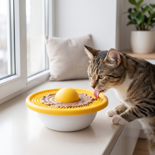 Yellow lick slow feeder toy for cats, dishwasher safe