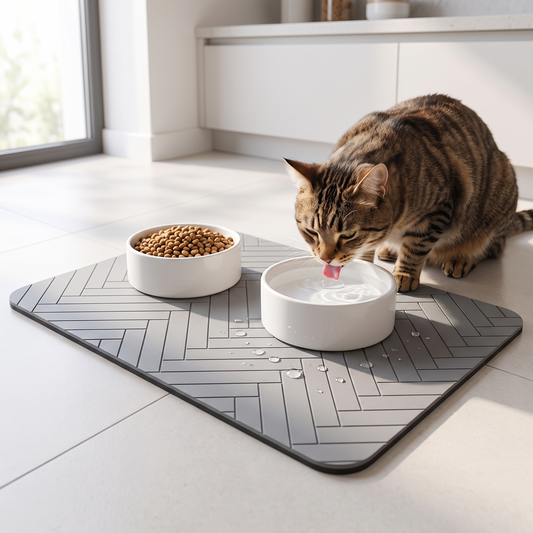 Light grey herringbone quick-dry diatom mud pet feeding mat, absorbent and anti-slip