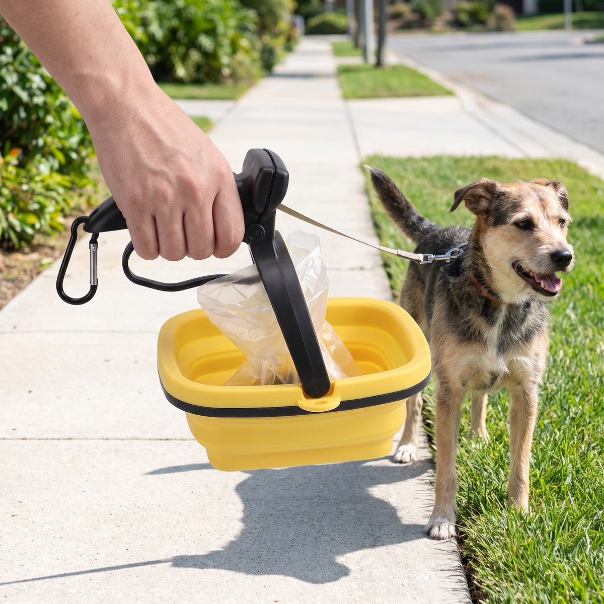 Yellow one-hand foldable dog poop scooper with bag clip and carabiner