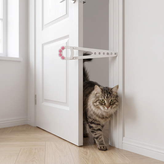 White and pink no-drill adjustable cat door strap latch