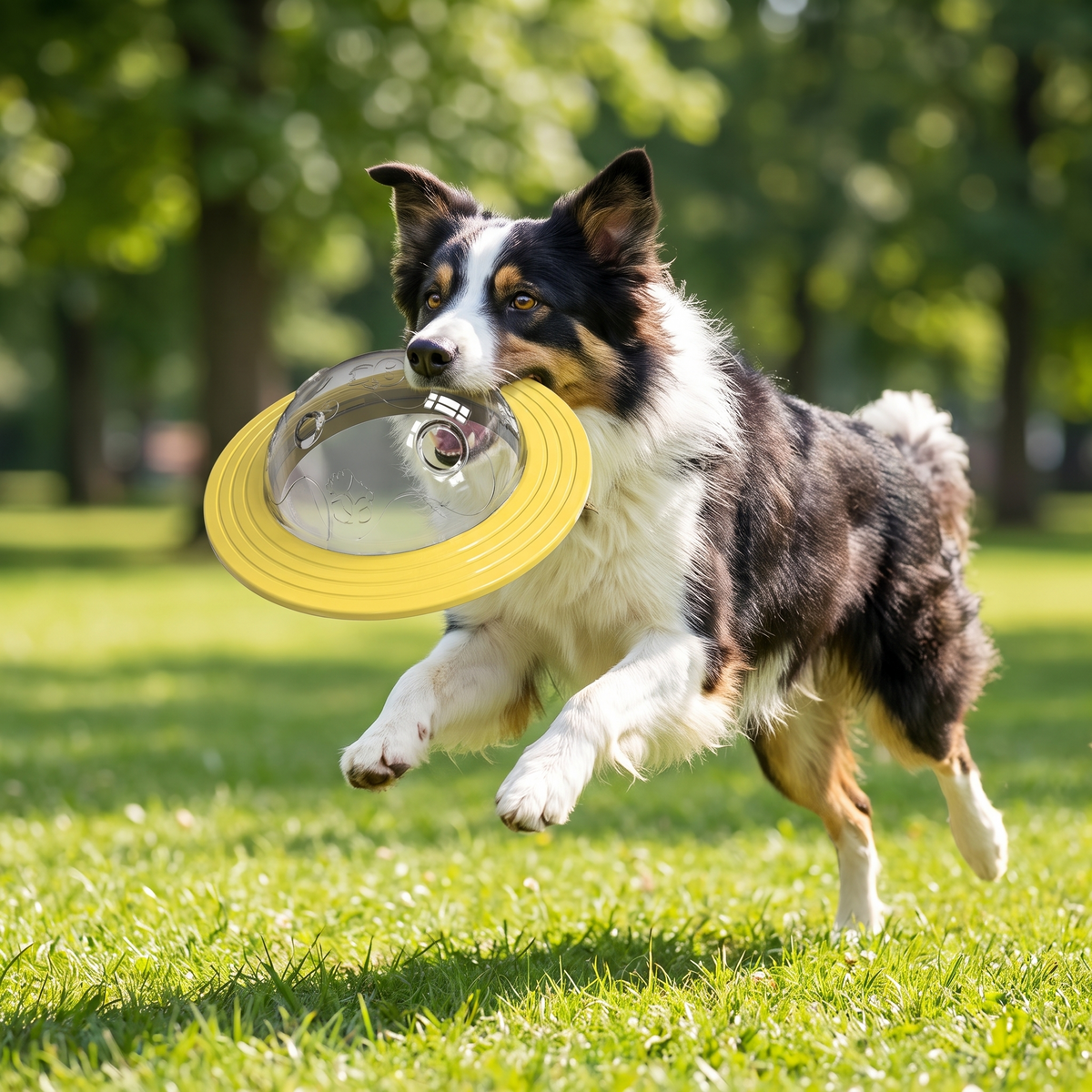 Yellow 3-in-1 treat dispensing flying disc chew toy for medium to large dogs