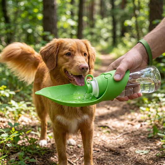 Green portable dog and cat water bottle with built-in drinking tray, leak-proof