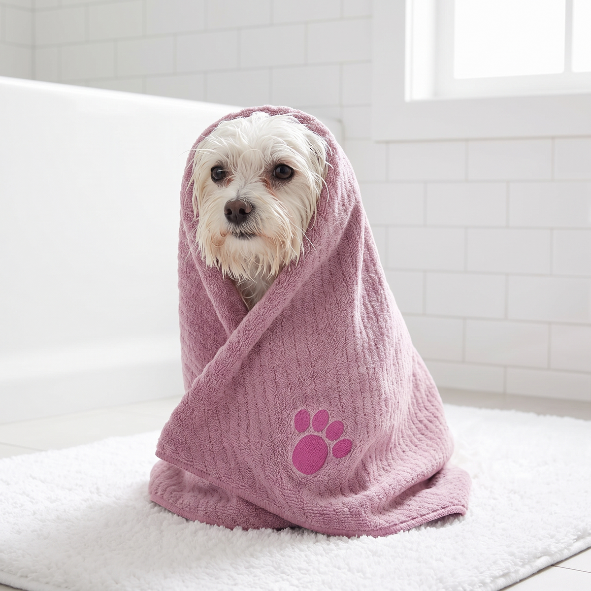 Pink quick-dry microfiber pet towel for dogs and cats, absorbent embroidered bath towel