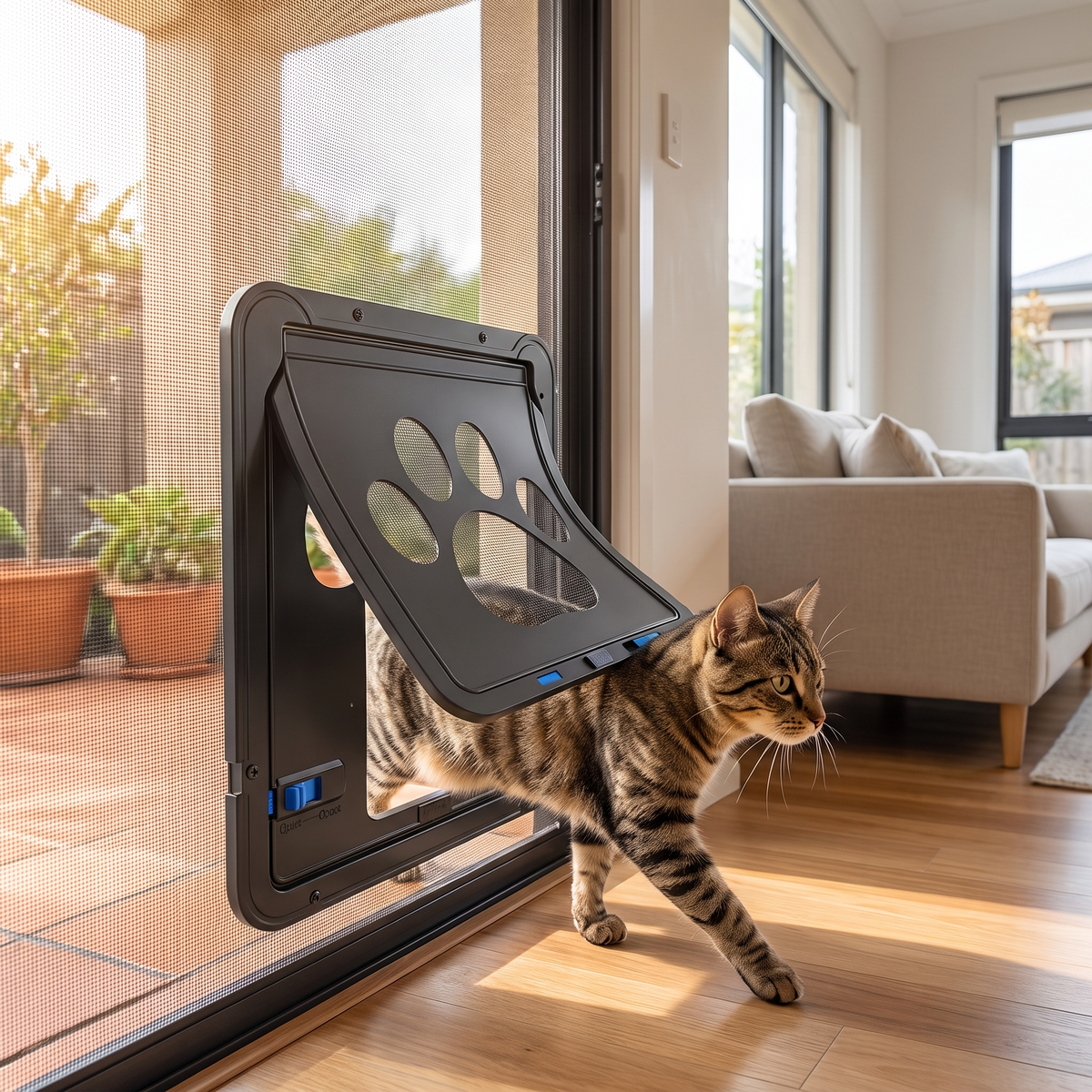Black lockable pet screen door for cats and small dogs, 4-way locking flap