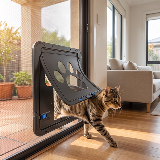 Black lockable pet screen door for cats and small dogs, 4-way locking flap
