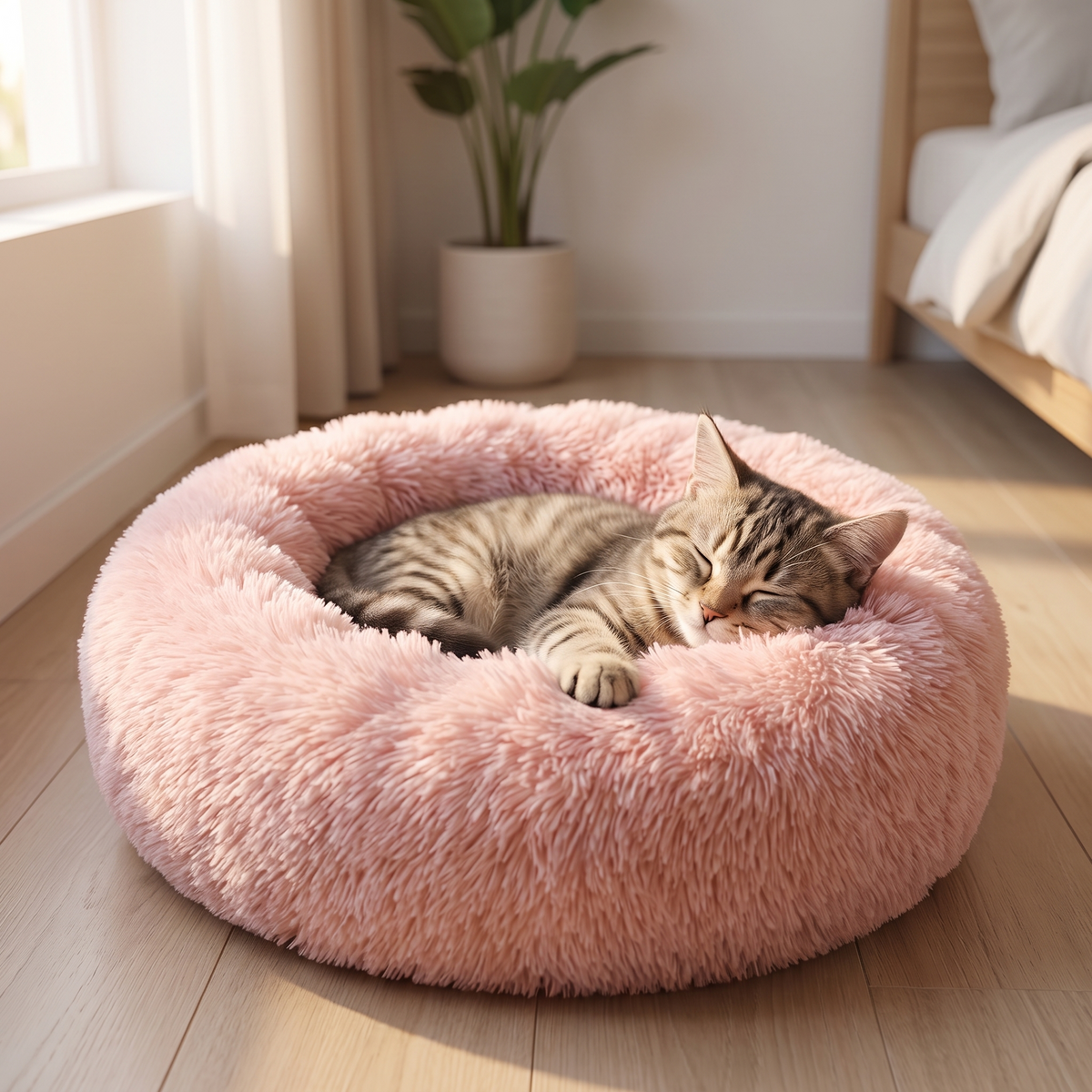 Pink plush donut pet bed for cats and dogs with raised edges