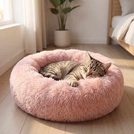 Pink plush donut pet bed for cats and dogs with raised edges