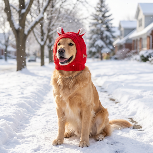 Bright red knitted winter dog hat with rabbit ears for large dogs