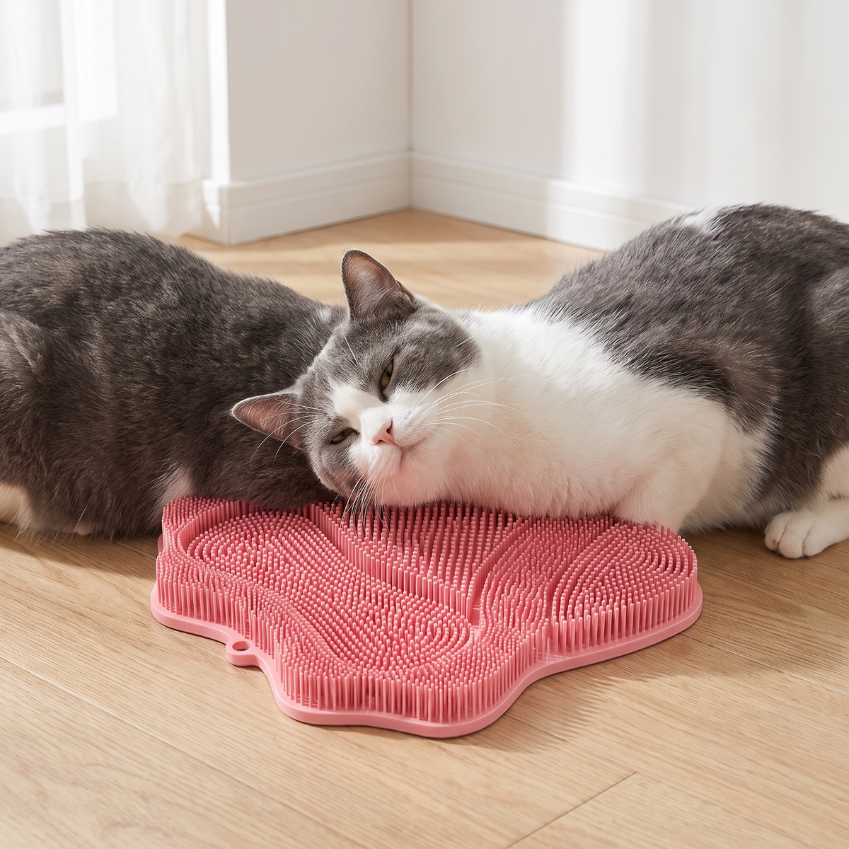 Pink cat self-groomer and scratching pad with bristle surface, 30 x 28 cm
