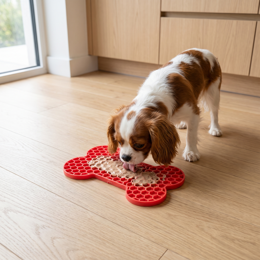 Red silicone lick mat slow feeder pad for dogs and cats, non-slip