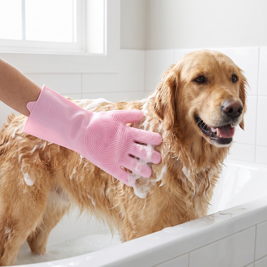 Pink silicone pet grooming glove for dogs and cats, bath and deshedding brush