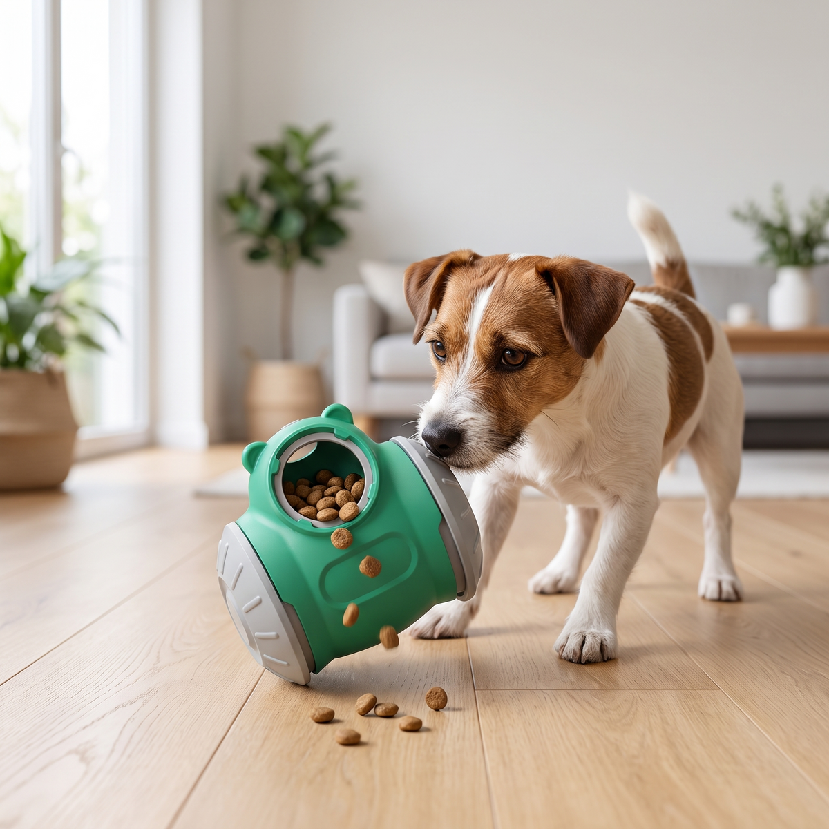 Green wobble treat dispensing dog toy with adjustable slow feeding
