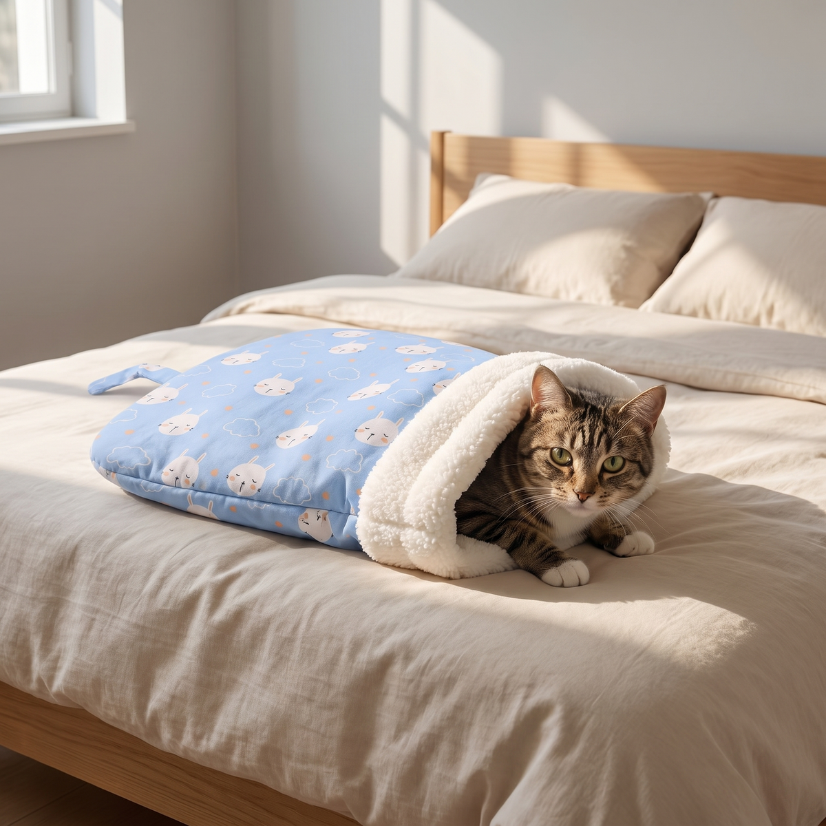 Blue rabbit plush cat sleeping bag bed with cozy pocket, 55 x 45 cm