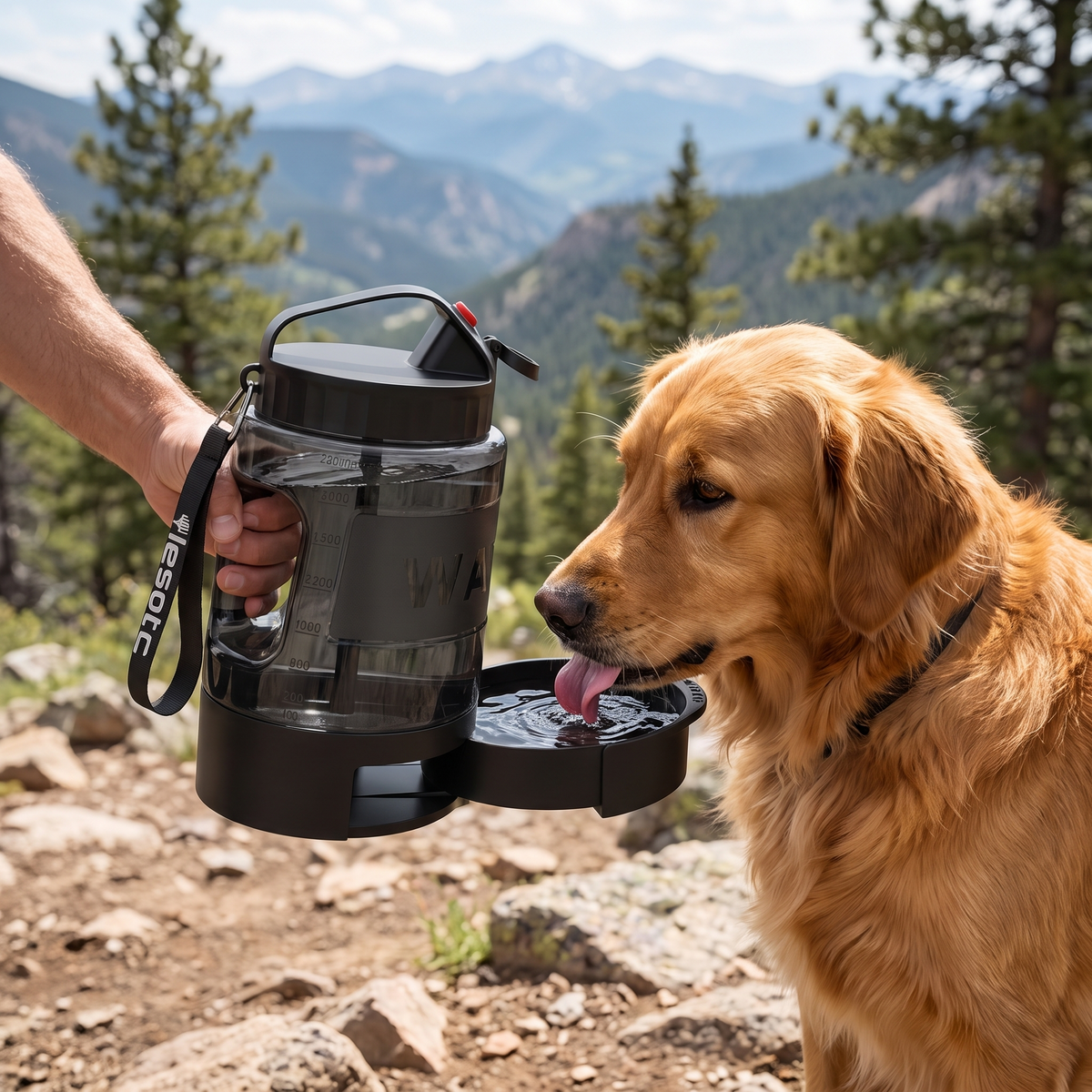 Black 2.2L dog travel water bottle with attached drinking cup for hiking