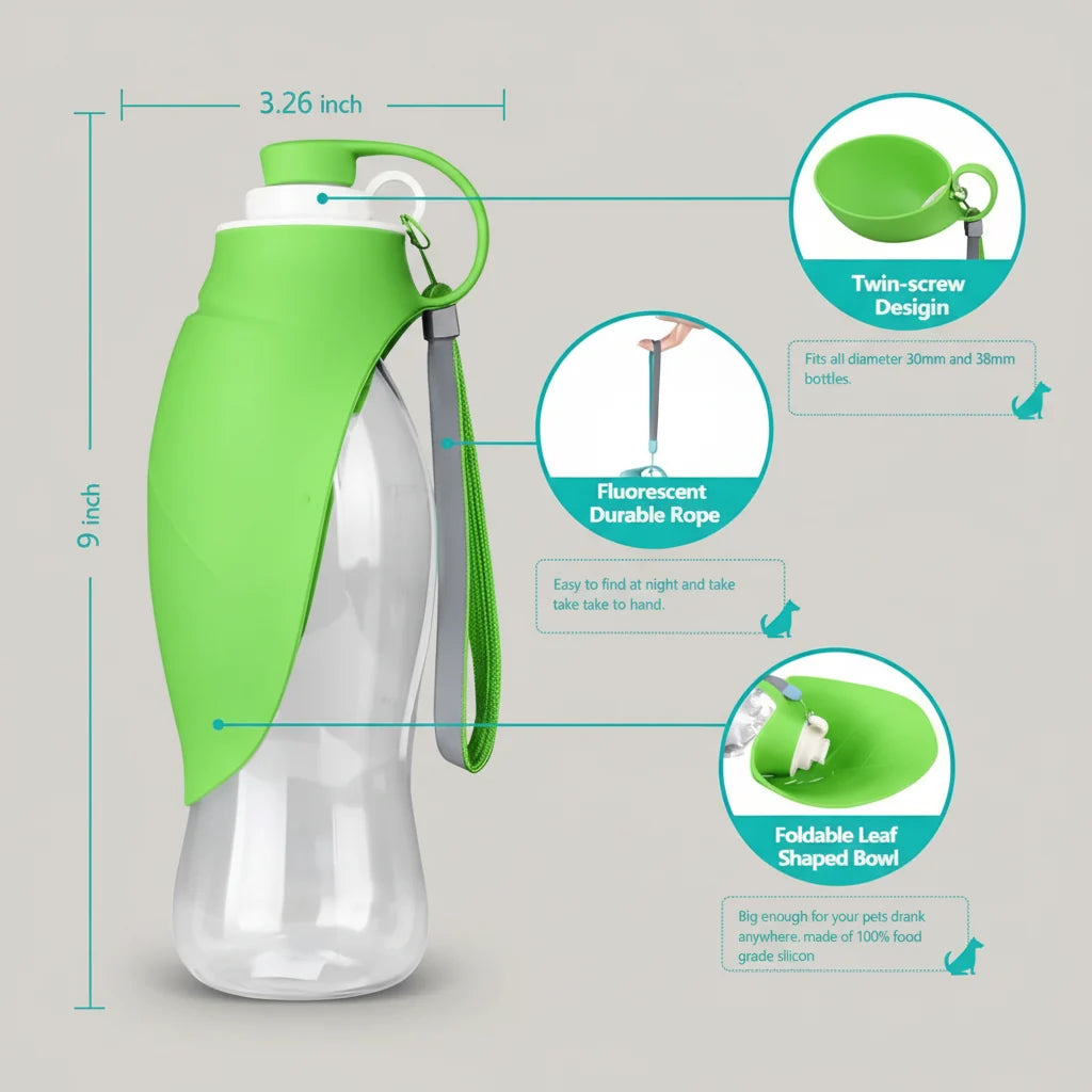 Portable Dog & Cat Water Bottle with Built-In Drinking Tray, One-Hand Leak-Proof Design