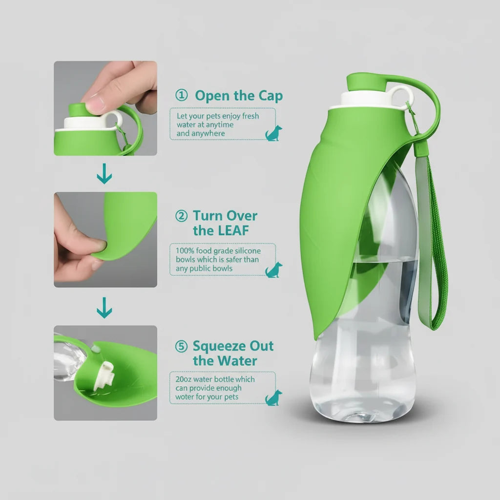 Portable Dog & Cat Water Bottle with Built-In Drinking Tray, One-Hand Leak-Proof Design